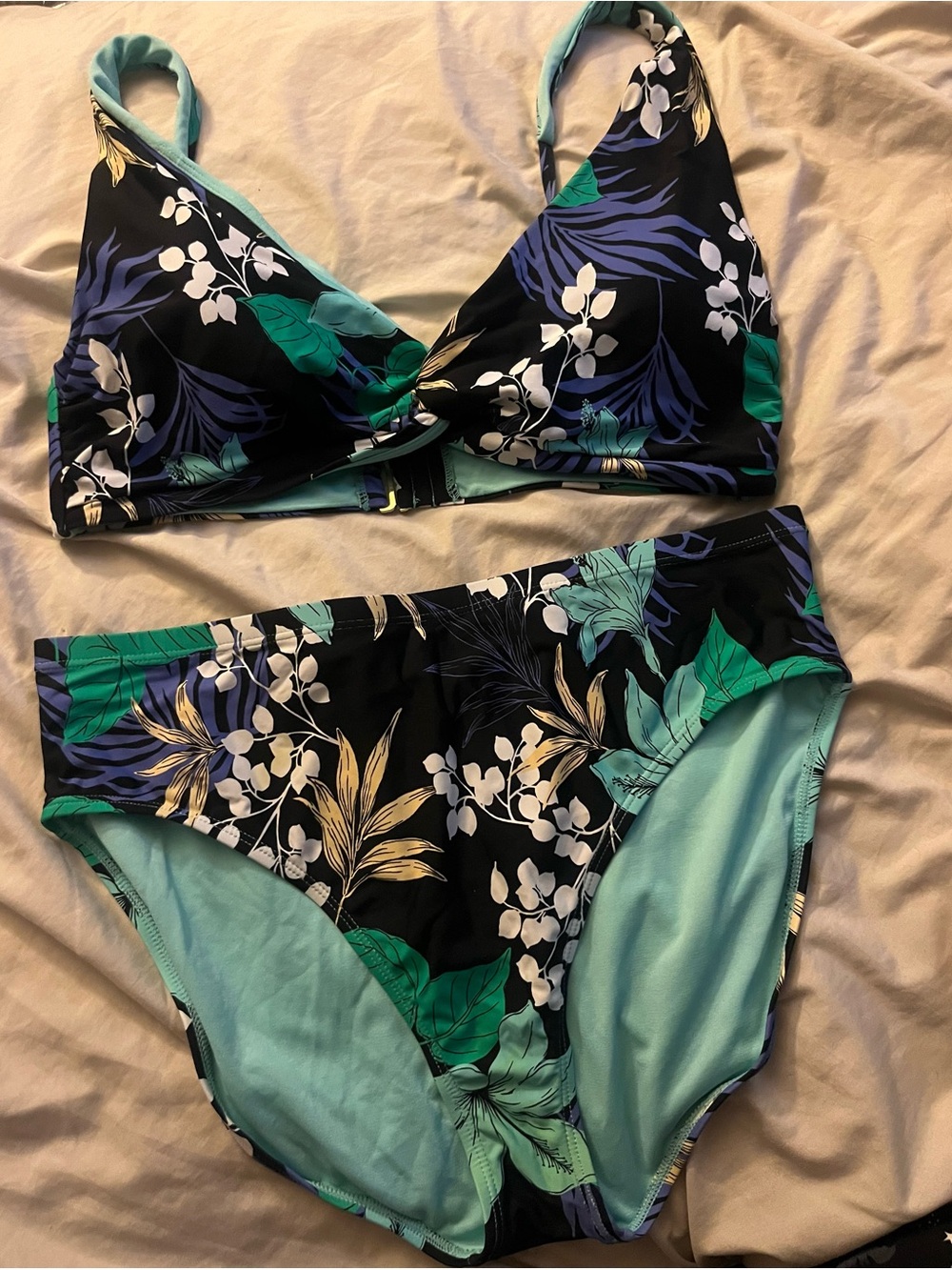 Liz Claiborne Light Teal Bikini Bottom with Black Floral Trim